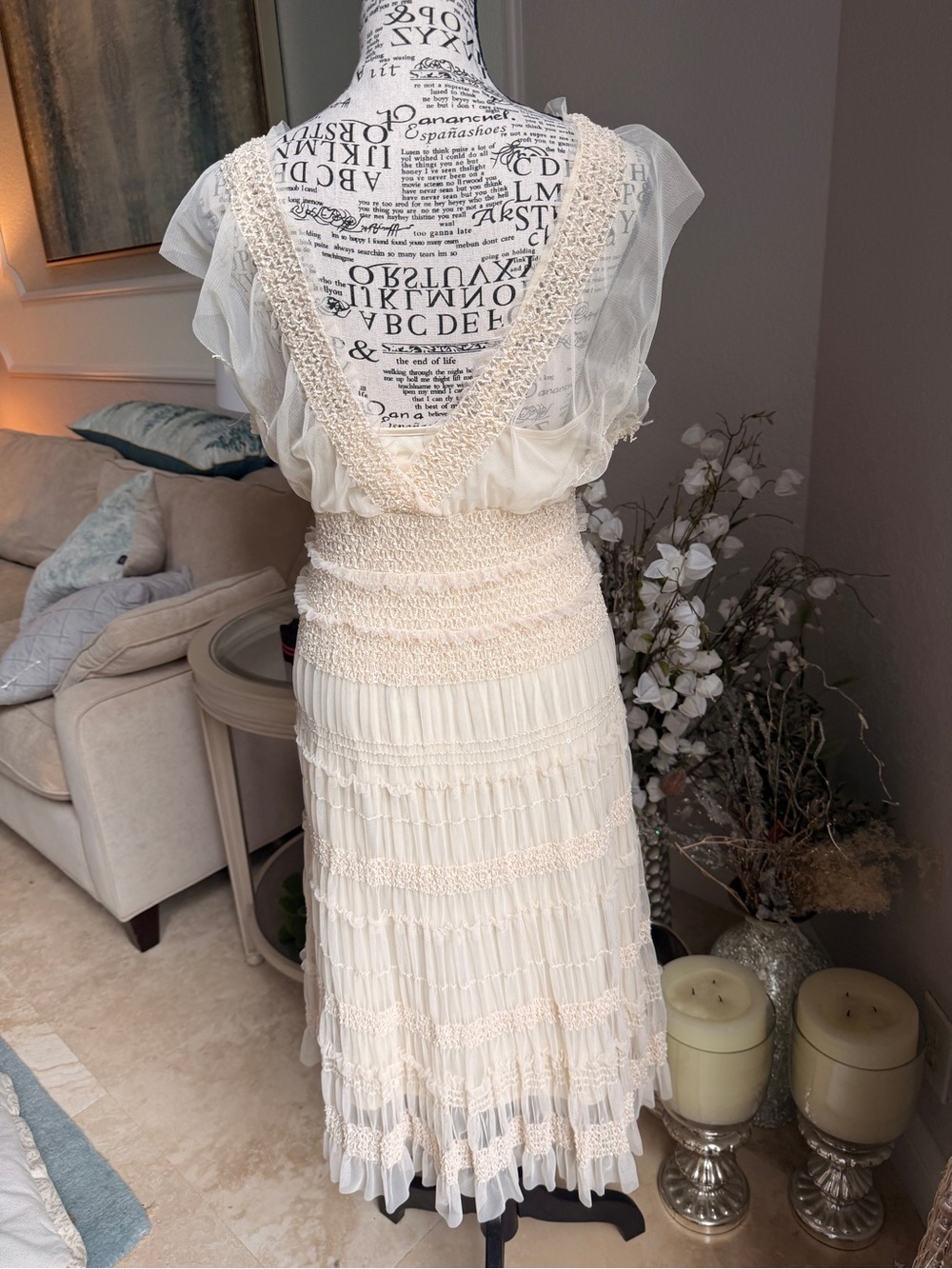 Vintage Max Studio Cream White Tiered Midi Dress Smocked Waist Large Boho Fairy - Picture 4 of 13